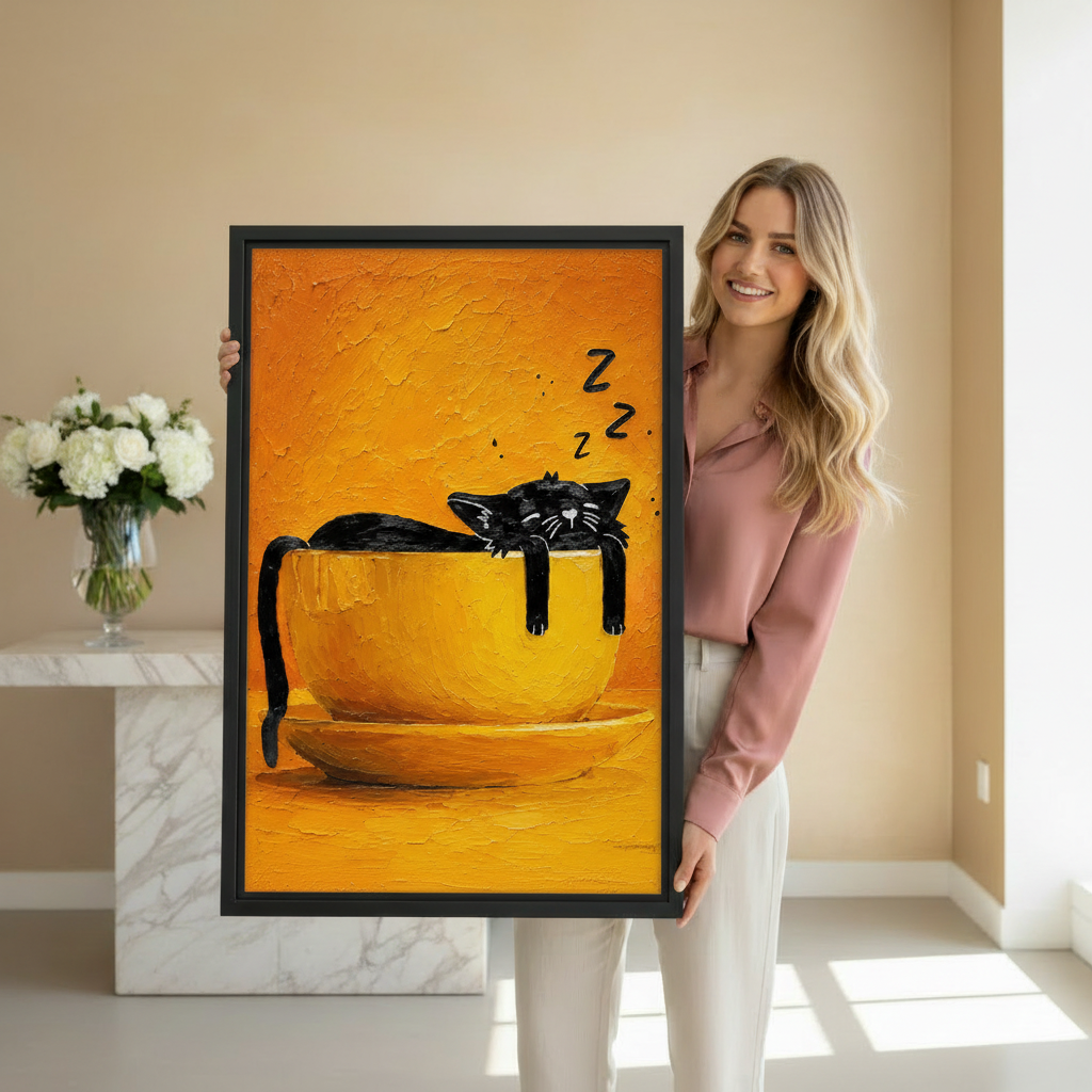 Woman holding large framed funny black cat sleeping in giant yellow teacup oil painting wall art print in black frame showing actual print size in bright beige studio with white roses