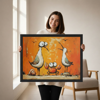 Woman holding large framed seagull and crab art print, whimsical coastal birds with orange crab illustration, premium black frame canvas wall art

