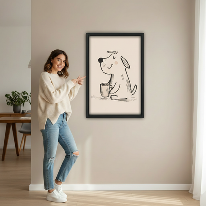 Woman pointing at cute dog holding coffee mug minimalist line drawing wall art print in black frame on beige wall in bright minimalist entryway with wooden desk and green plant