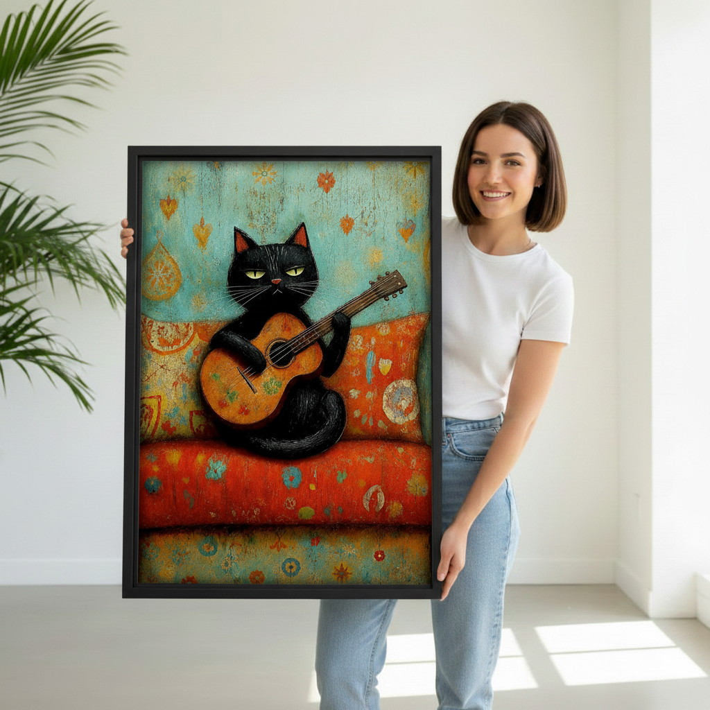 Woman holding large framed black cat guitar art print, whimsical cat playing acoustic guitar on colorful boho sofa, premium black frame canvas wall art gift for cat lovers