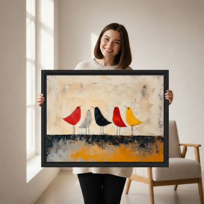 Woman holding large framed five colorful birds abstract wall art print, black frame, minimalist oil painting red white black yellow birds on textured beige background, showing actual print size