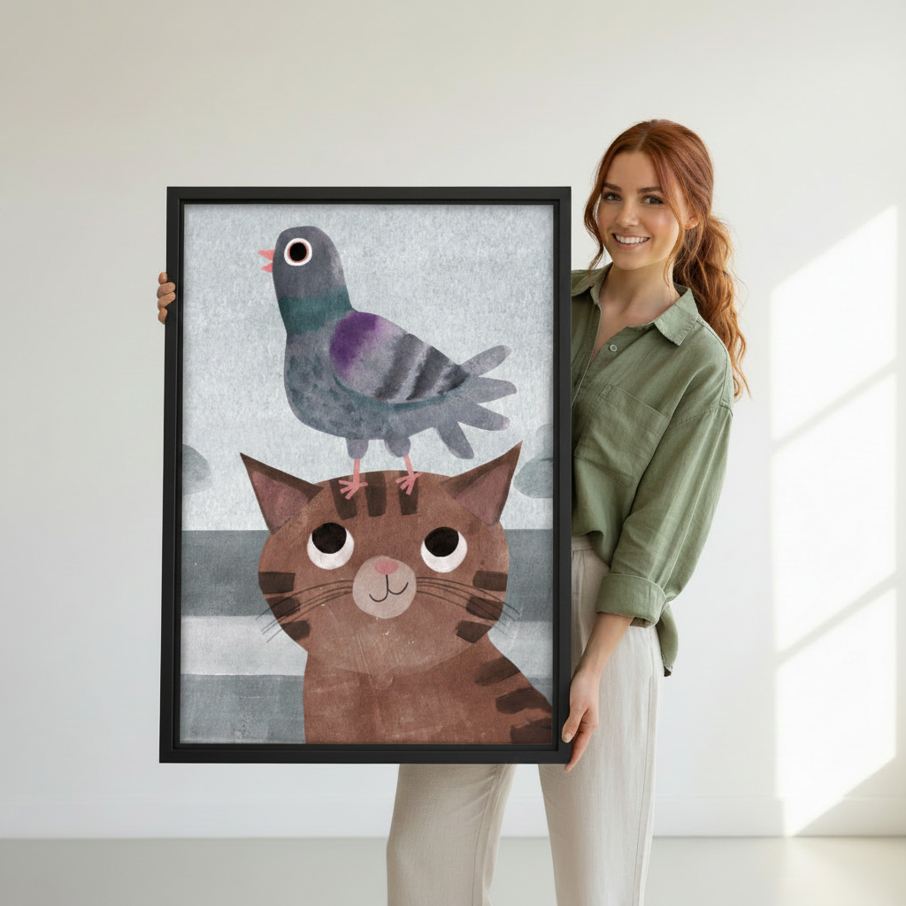 Woman holding large framed cute cat with pigeon on head wall art print, black frame, whimsical cartoon illustration grey blue background, showing actual print size in a bright modern studio