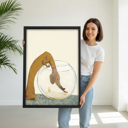 Woman holding large framed dachshund art print, humorous dog and fish bowl illustration, premium black frame canvas wall art