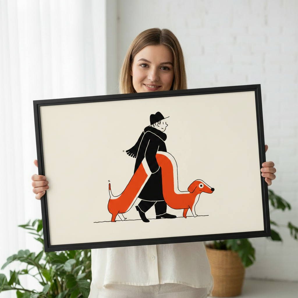 Woman holding large framed funny man walking with extra long orange dachshund minimalist wall art print in black frame showing actual print size in bright white studio with green plants