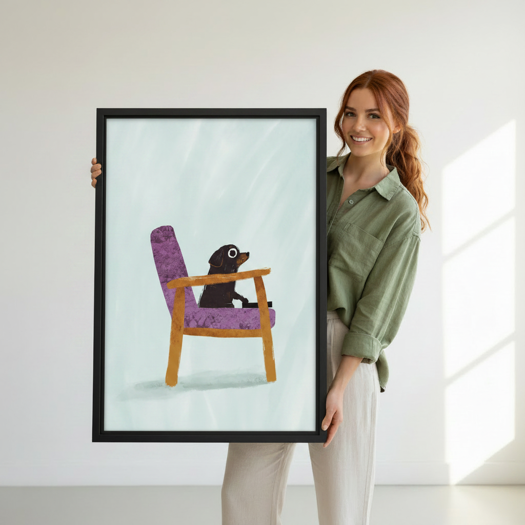 Woman holding large framed dachshund purple chair wall art print, black frame, minimalist illustration, showing actual print size