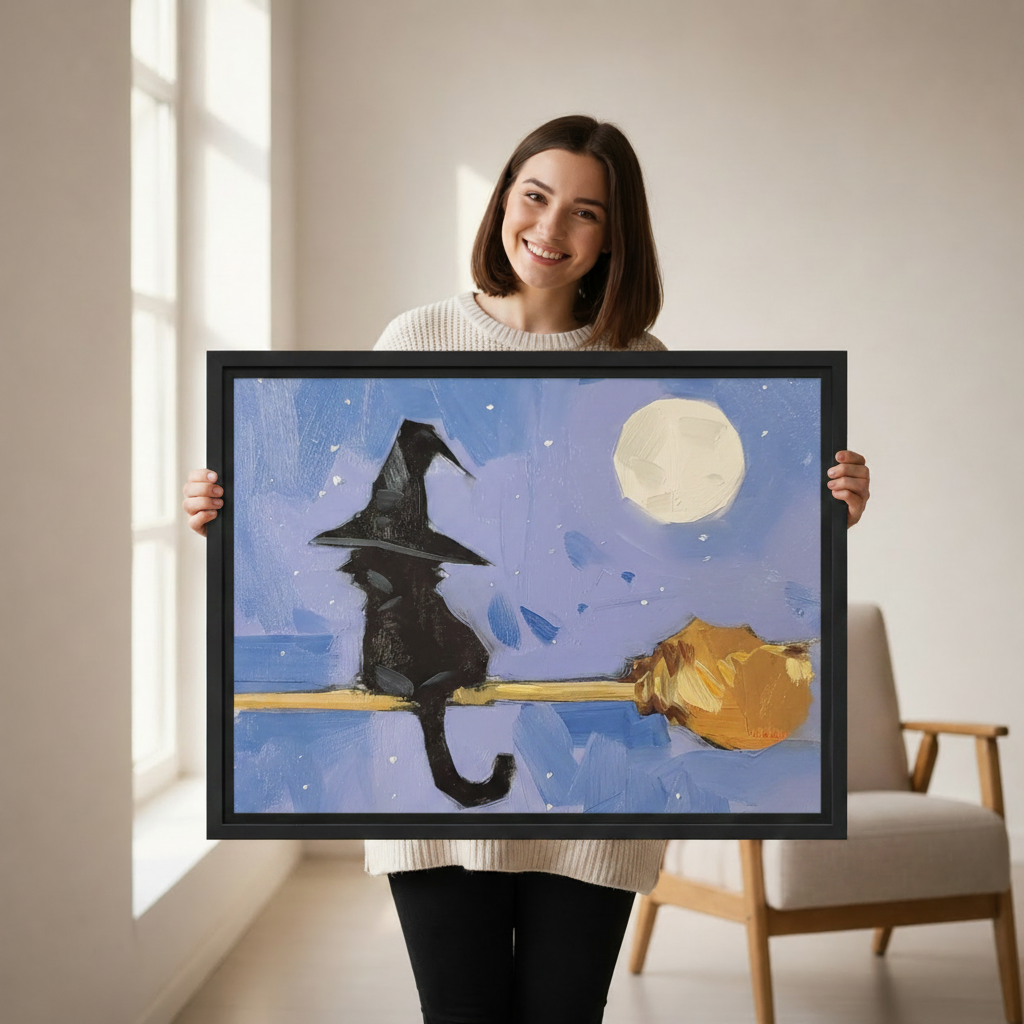Woman holding large framed black cat witch hat broomstick wall art print, black frame, blue moonlit night oil painting style, showing actual print size in a bright modern room