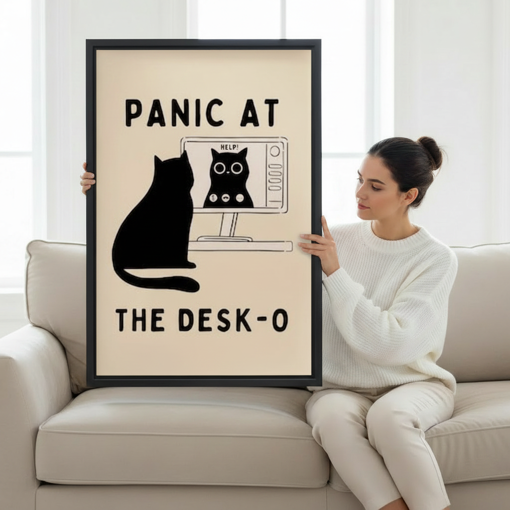 Woman holding large framed funny black cat panic at the desk-o computer humor wall art print in black frame showing actual print size on cream sofa in bright minimalist living room