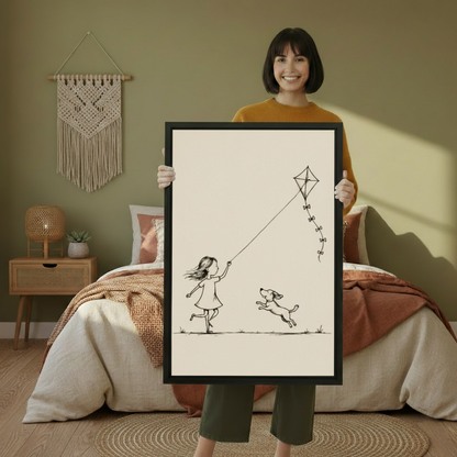 Woman holding large framed girl flying kite with leaping dog minimalist line drawing wall art print in black frame showing actual print size in olive green boho bedroom with macrame wall hanging