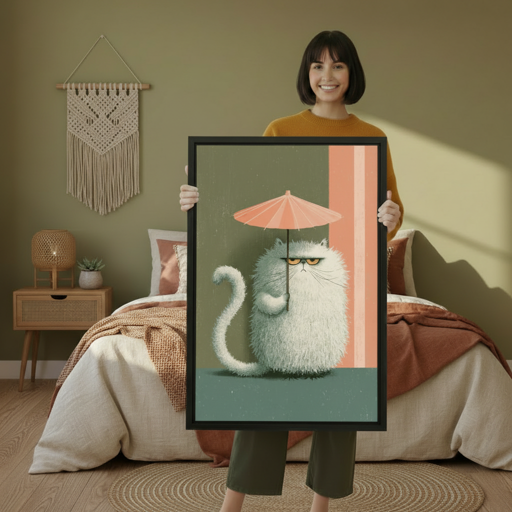 Woman holding large framed grumpy fluffy white cat pink umbrella illustration art print showing actual print size in sage green boho bedroom