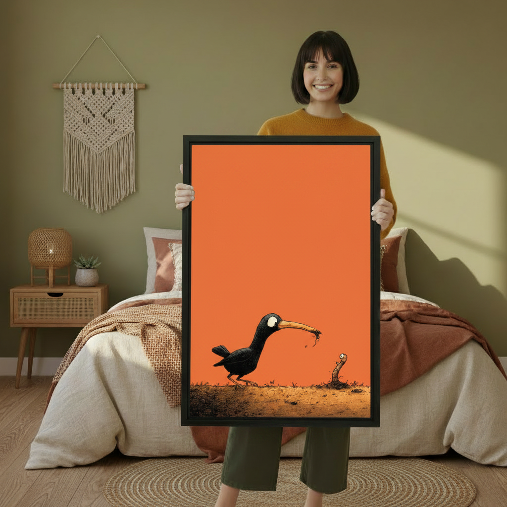 Woman holding large framed funny black bird catching worm orange background humorous wall art print in black frame showing actual print size in olive green boho bedroom
