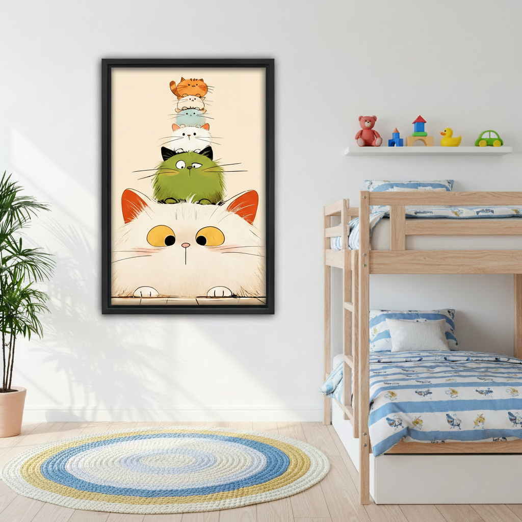 Cute stacked cats canvas wall art, living room sofa wall, colorful cat tower illustration home decor