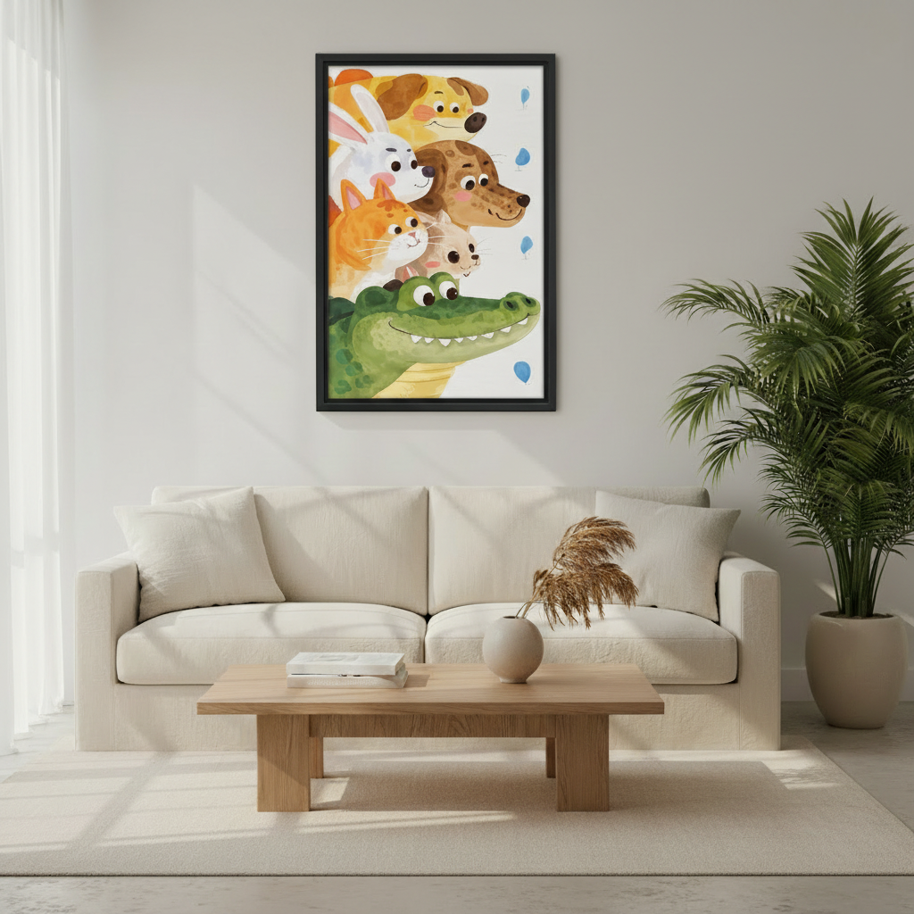 Colorful kids room framed wall art with cartoon animals including crocodile and rabbit, black picture frame on white wall