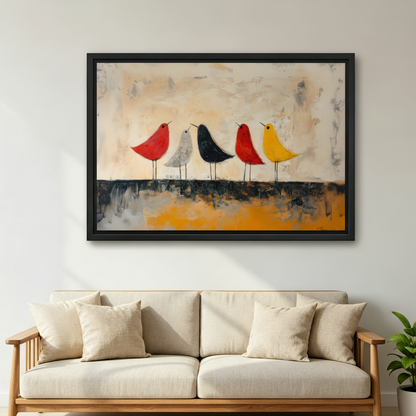 Five colorful birds abstract framed art print, black frame, minimalist oil painting red white black yellow birds on textured beige background, hung above a cream linen sofa in a bright Scandinavian living room with indoor plant