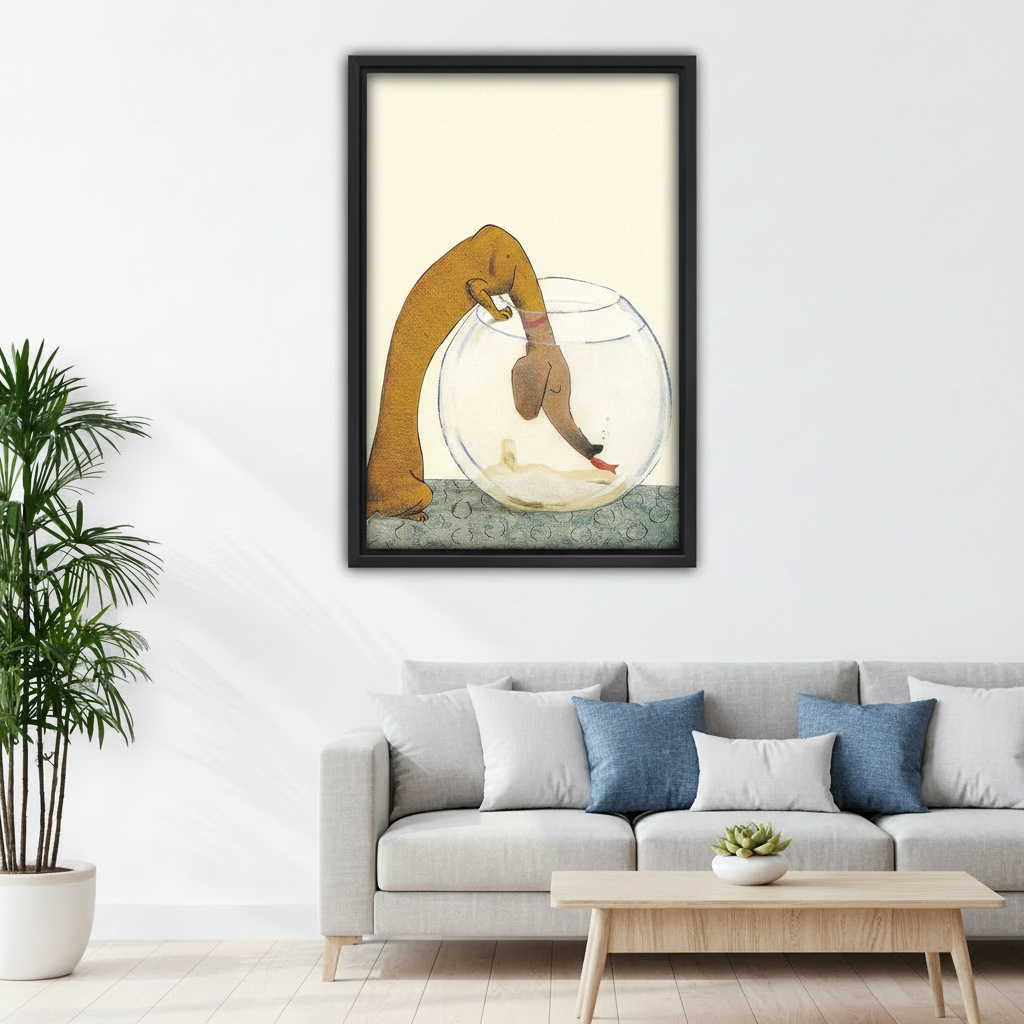 Framed dachshund wall art above sofa, whimsical dog fishing in bowl on cream background, living room canvas decor