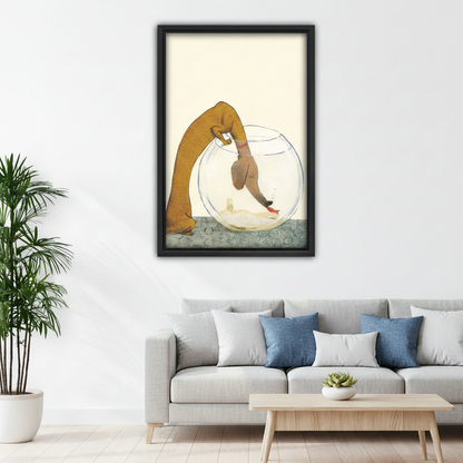 Framed dachshund wall art above sofa, whimsical dog fishing in bowl on cream background, living room canvas decor