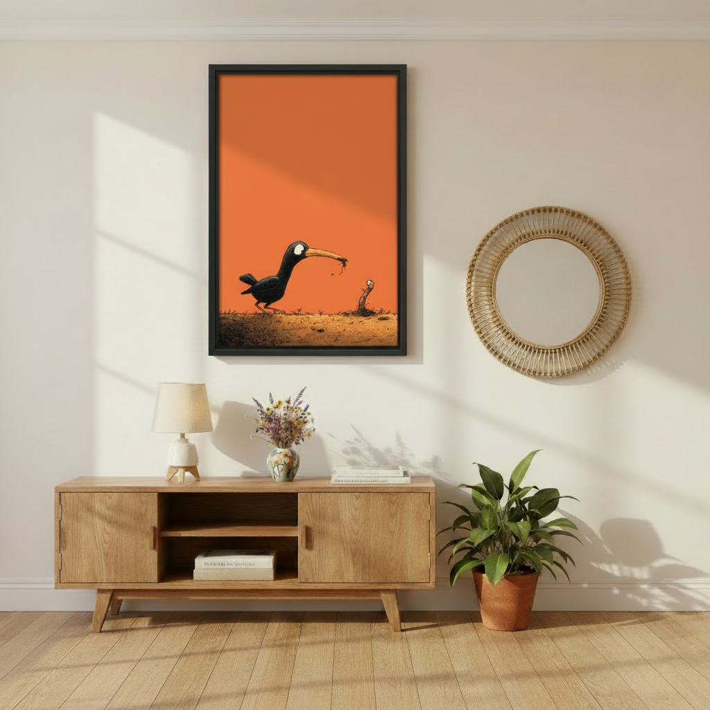 Humorous black bird long beak worm orange background minimalist wall art print in black frame above oak media console with lavender vase and rattan mirror in Scandinavian living room