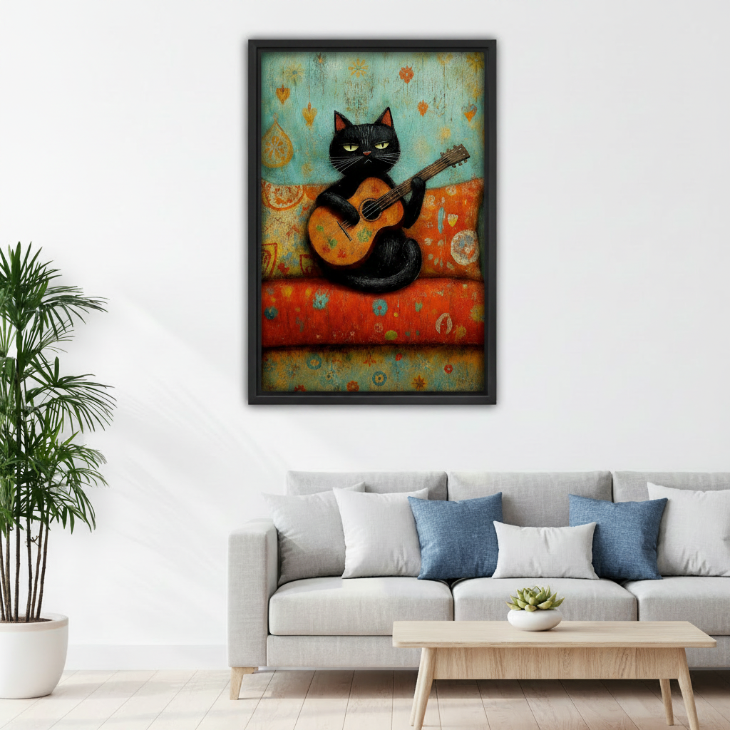 Framed black cat guitar wall art above white sofa, cool cat strumming acoustic guitar on boho teal and orange background, living room canvas decor for music and cat lovers