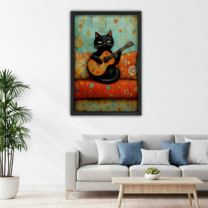Framed black cat guitar wall art above white sofa, cool cat strumming acoustic guitar on boho teal and orange background, living room canvas decor for music and cat lovers
