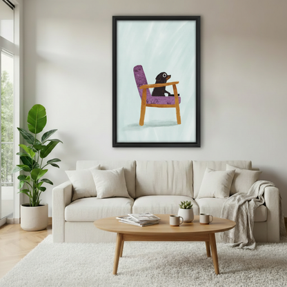 Dachshund sitting in purple chair framed art print, black frame, minimalist light blue background, hung above a cream sofa in a Scandinavian living room