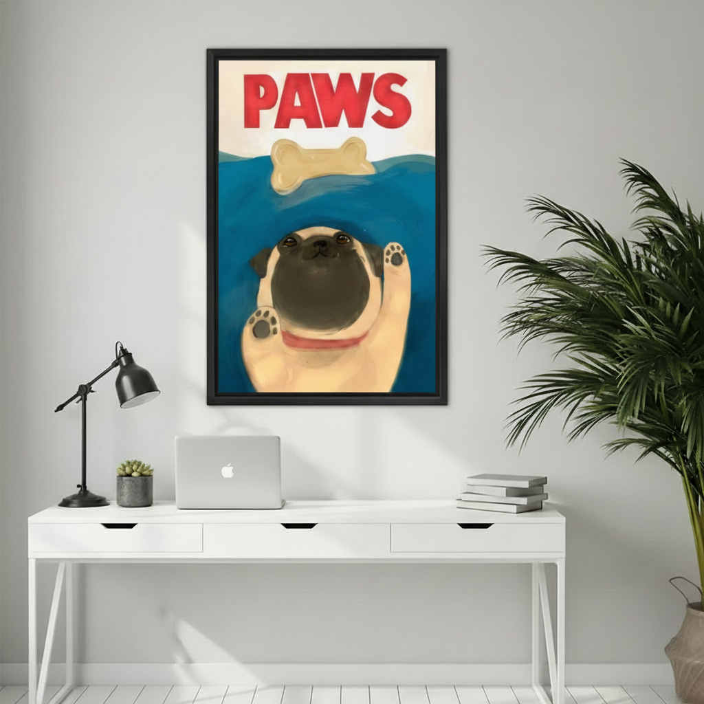Humorous pug dog PAWS Jaws spoof swimming bone funny wall art print in black frame above white desk with black lamp MacBook and succulent plant in minimalist home office