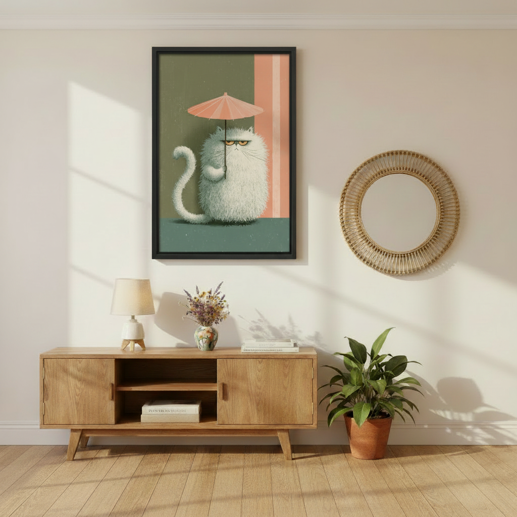 Funny grumpy white cat holding pink umbrella wall art print in black frame above mid-century wooden media console with rattan mirror and green plant in modern living room