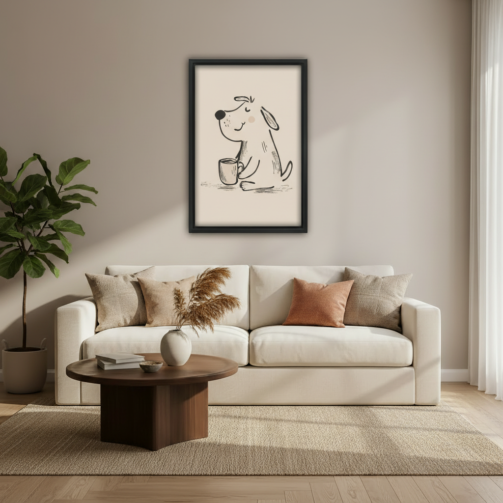 Happy dog with coffee mug cute minimalist line art wall art print in black frame above cream sofa with dark round coffee table pampas grass vase and fiddle leaf fig in modern living room