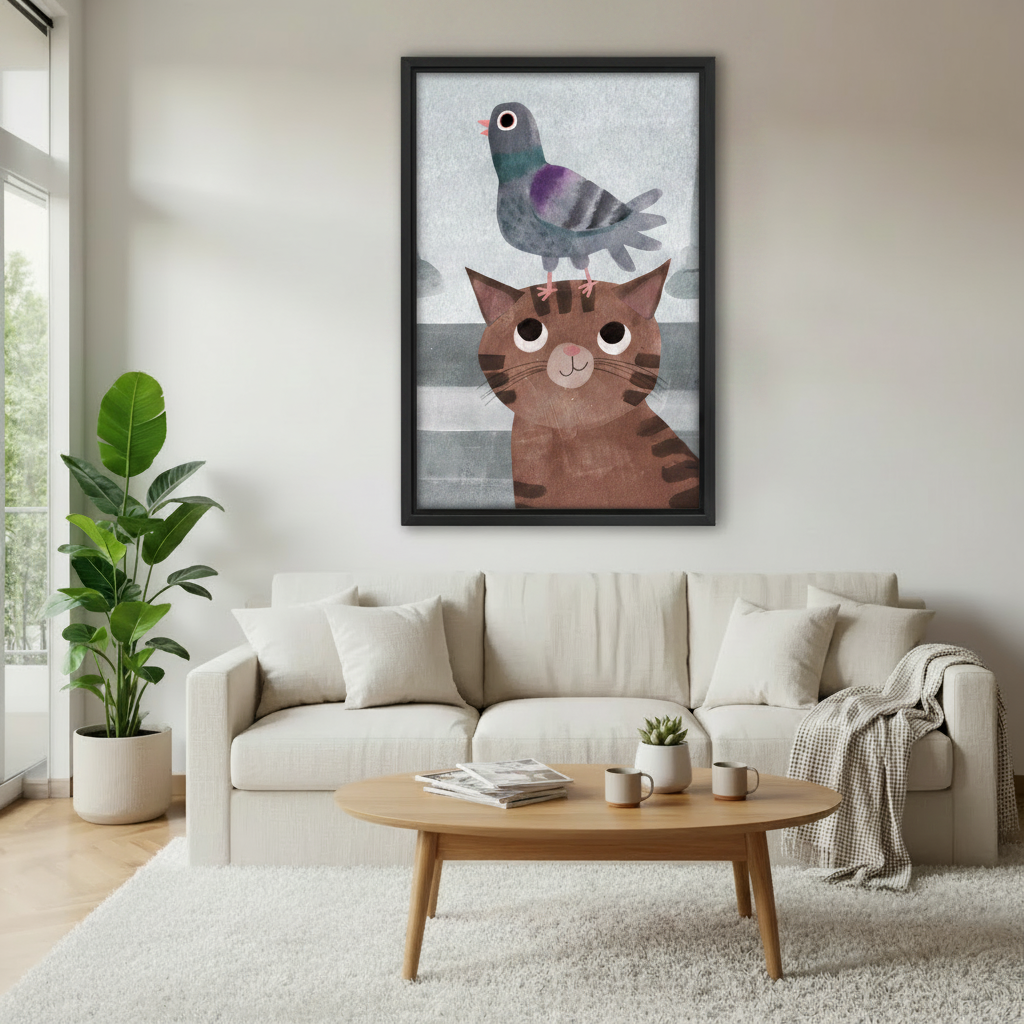 Cute cat with pigeon on head framed art print, black frame, whimsical cartoon illustration grey blue background, hung above a cream linen sofa in a bright Scandinavian living room with fiddle leaf fig and oval coffee table