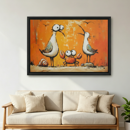 Framed seagull and crab wall art above sofa, funny coastal birds with orange crab on warm amber background, living room canvas decor

