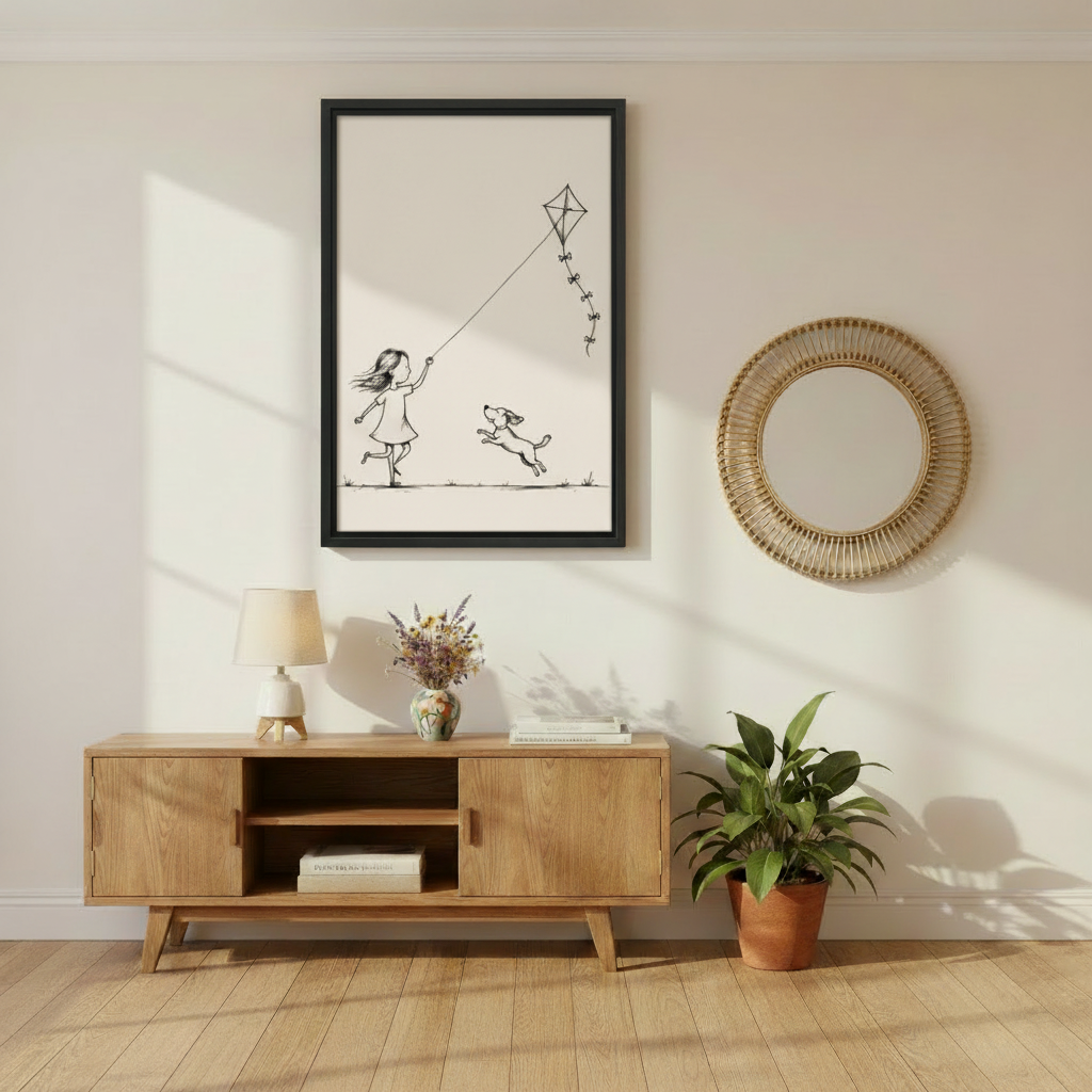 Cute girl flying kite dog running minimalist line art wall art print in black frame above oak media console with wildflower vase and rattan mirror in warm Scandinavian living room