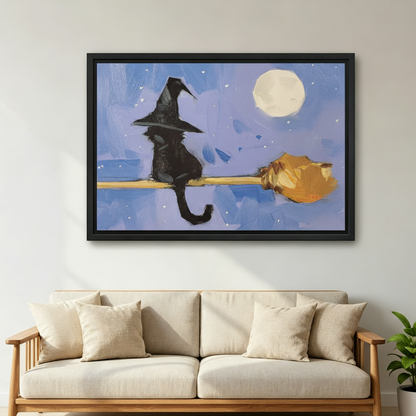 Black cat witch hat riding broomstick framed art print, black frame, blue moonlit night oil painting style, hung above a cream linen sofa in a bright Scandinavian living room with indoor plant