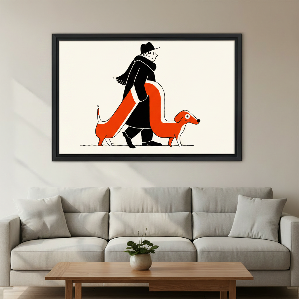 Man in black coat walking with stretched orange dachshund funny mid-century wall art print in black frame above light grey sofa with oak coffee table and small green plant in minimalist living room