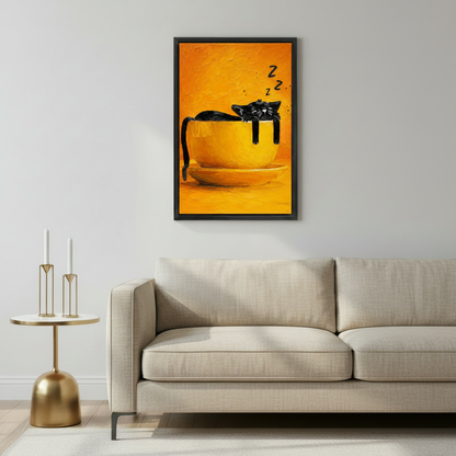 Humorous black cat zzz sleeping in yellow teacup orange background oil painting wall art print in black frame above beige sofa with gold side table and white candles in minimalist living room