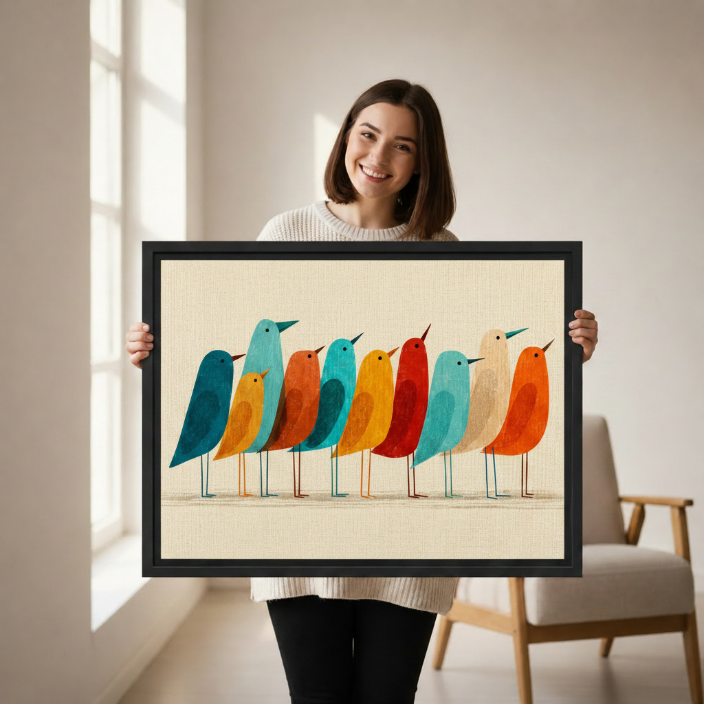 Hand-held mid-century modern colorful birds canvas print, retro bird wall art close-up detail shot