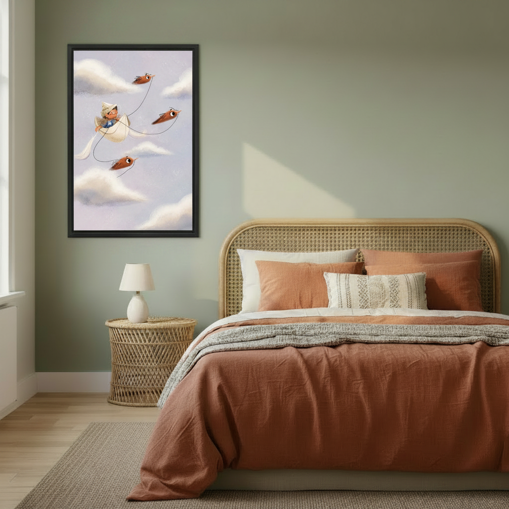Woman holding whimsical boy flying paper boat birds canvas wall art — magical fantasy illustration framed print, perfect nursery gift