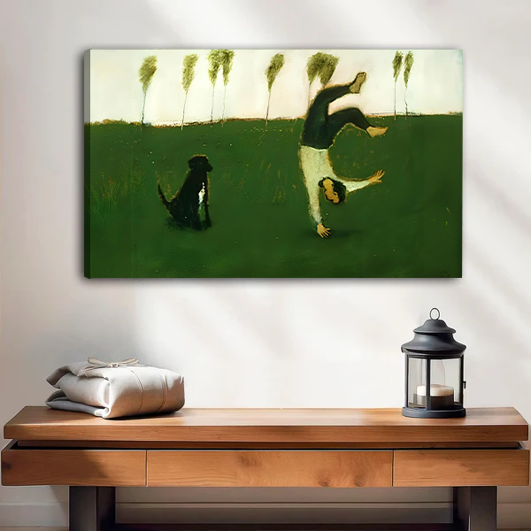 Gallery wrap canvas art print of a person cartwheeling beside a black dog on a lush green field, vintage painting style, living room wall decor