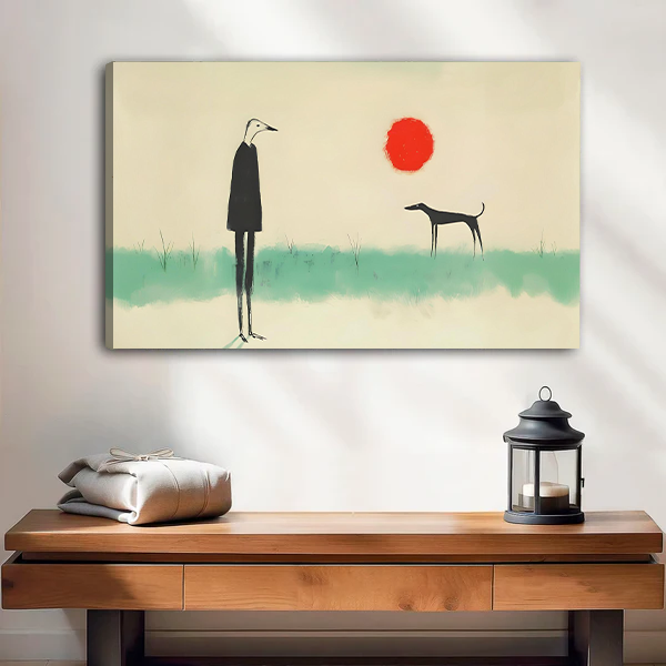 Gallery wrap canvas art print of a minimalist figure and dog standing beneath a bold red sun on a misty teal landscape, living room wall decor