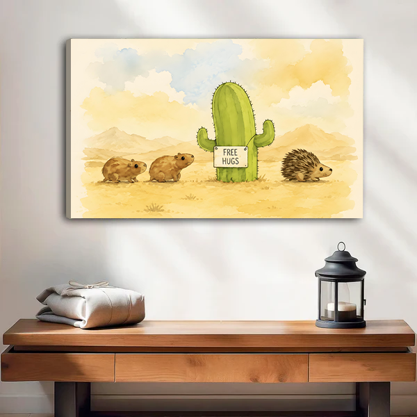 Gallery wrap canvas art print of a funny cactus with Free Hugs sign surrounded by guinea pigs and a hedgehog in a warm desert landscape, living room wall decor