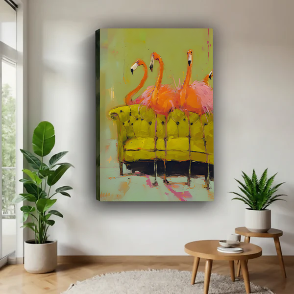 Pink flamingos abstract canvas wall art on frameless gallery-wrapped canvas