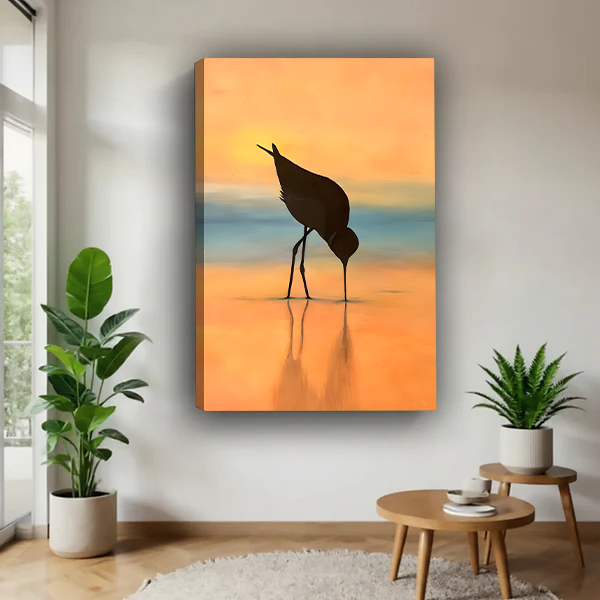 Golden Sunset Crane Silhouette Canvas Wall Art l3055