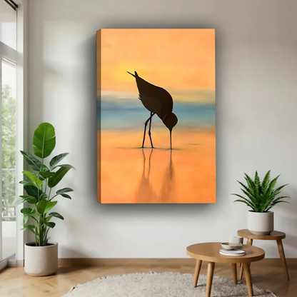 Golden Sunset Crane Silhouette Canvas Wall Art l3055