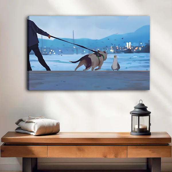 Dog Walk Seagull Standoff Digital Art Framed Canvas l2565