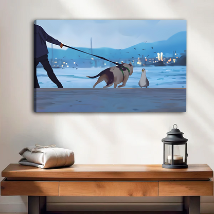 Dog Walk Seagull Standoff Digital Art Framed Canvas l2565