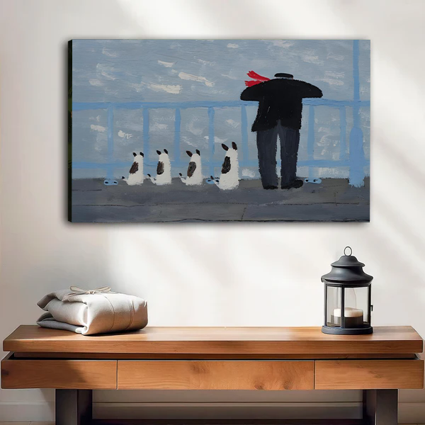 Gallery wrap canvas art print of a lone man with a red hat and four small dogs gazing at a grey sea from a coastal pier, oil painting style, living room wall decor
