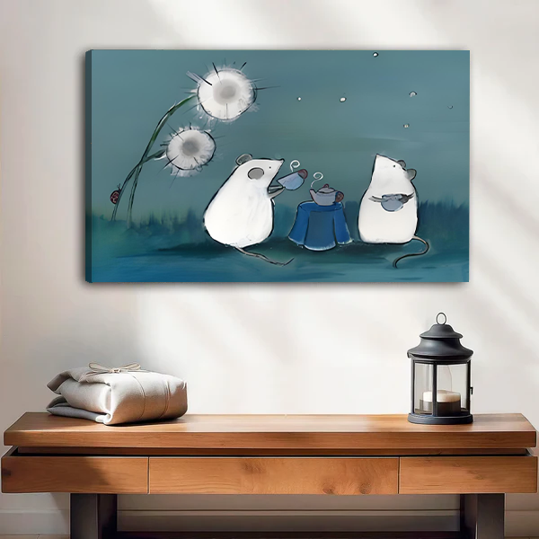 Gallery wrap canvas art print of two white mice enjoying tea together beneath a luminous dandelion on a blue night, whimsical illustration style, living room wall decor