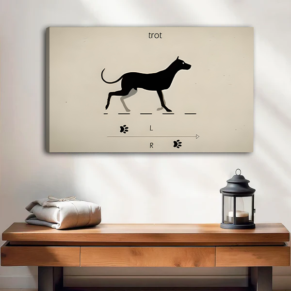 Gallery wrap canvas art print of a minimalist black dog in trot gait with left and right paw print diagram, modern dog lover wall decor