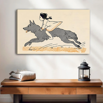 Gallery wrap canvas art print of a fearless girl riding a running wolf dog over golden grass, vintage illustration style, living room wall decor