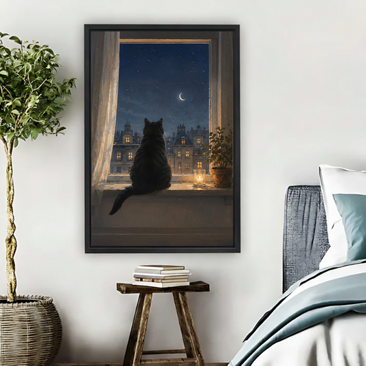 Framed black cat watching moonlit cityscape canvas wall art print in warm bedroom with plant decor