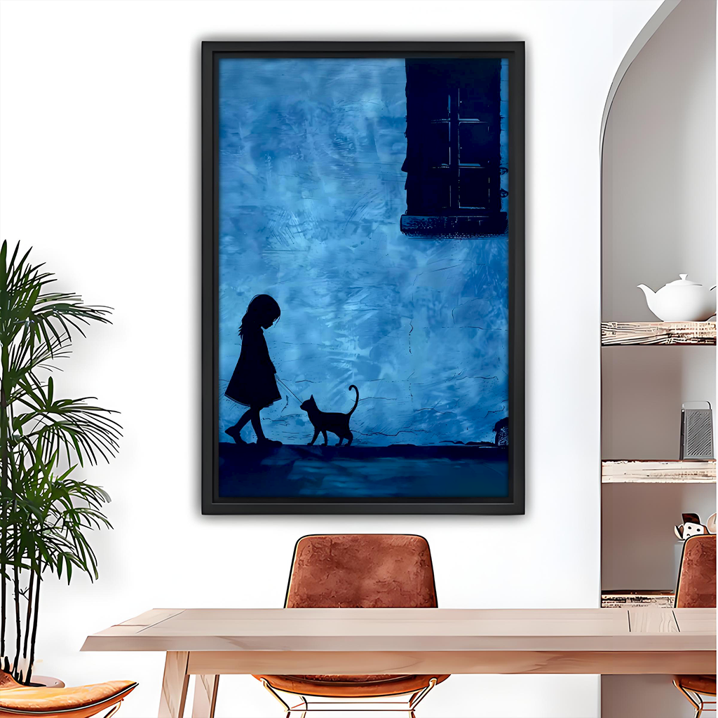 Blue silhouette minimalist wall art in black frame above dining table with girl walking cat on moody blue background