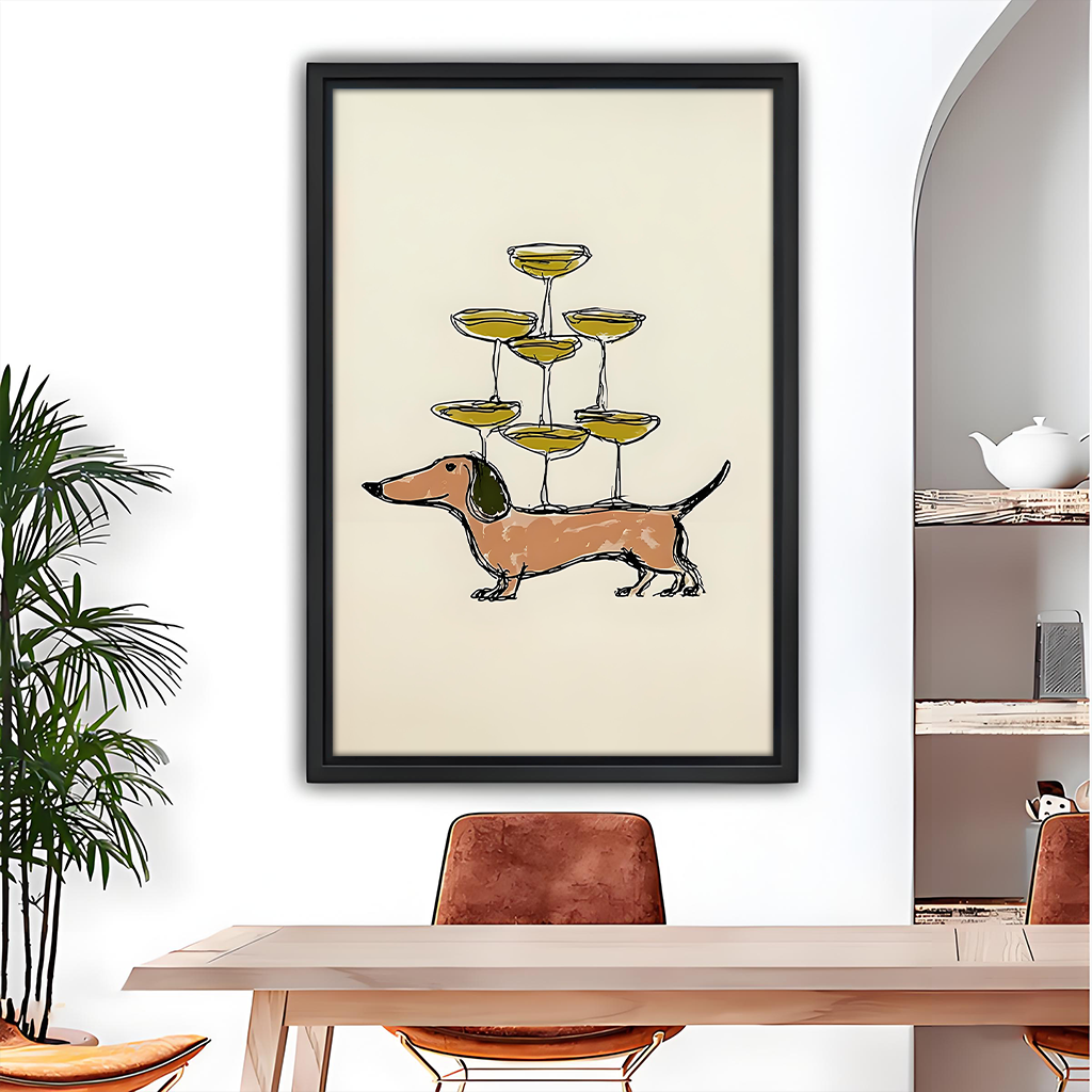 Dachshund Champagne Tower Minimalist Line Art Black Framed Wall Art Print Dining Room Decor
