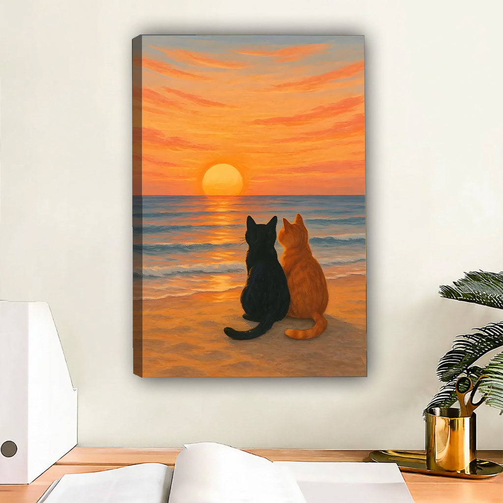 Two cats beach sunset gallery wrap canvas wall art without frame displayed in contemporary workspace with warm golden tones